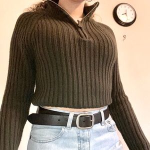 Dark green cinch-cropped knit sweater